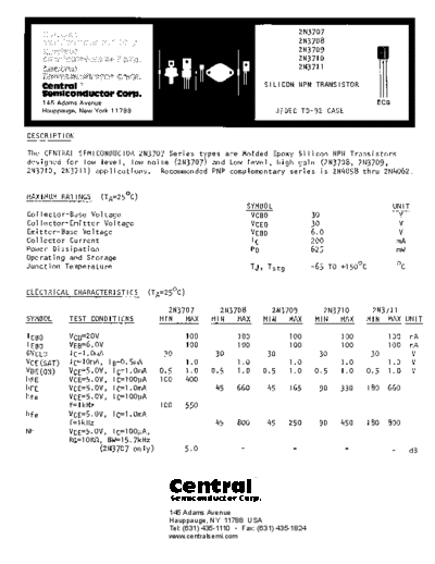 Central 2n3707 2n3708 2n3709 2n3710 2n3711  . Electronic Components Datasheets Active components Transistors Central 2n3707_2n3708_2n3709_2n3710_2n3711.pdf