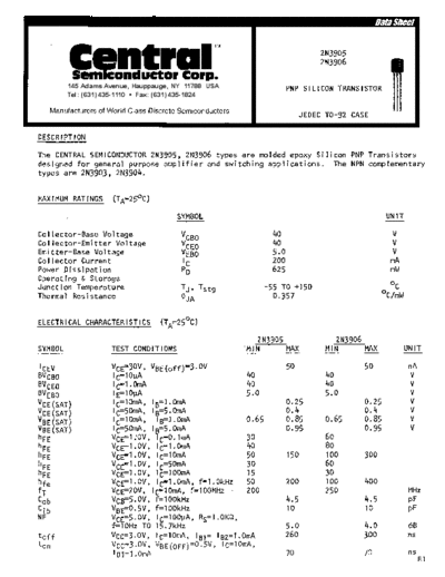 . Electronic Components Datasheets 2n3905 2n3906  . Electronic Components Datasheets Active components Transistors Central 2n3905_2n3906.pdf