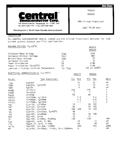 Central 2n3019 2n3020  . Electronic Components Datasheets Active components Transistors Central 2n3019_2n3020.pdf