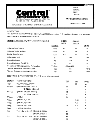 Central 2n3250 2n3251  . Electronic Components Datasheets Active components Transistors Central 2n3250_2n3251.pdf