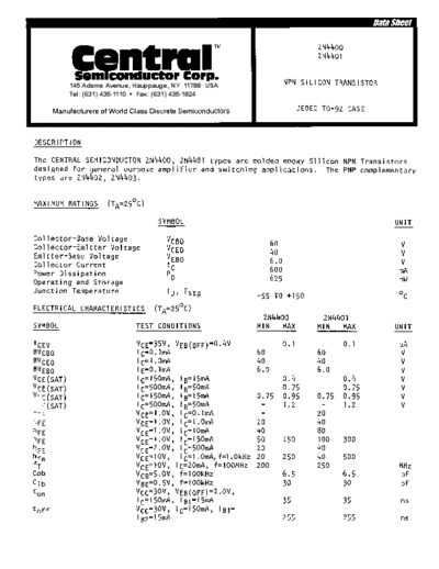 Central 2n4400 2n4401  . Electronic Components Datasheets Active components Transistors Central 2n4400_2n4401.pdf