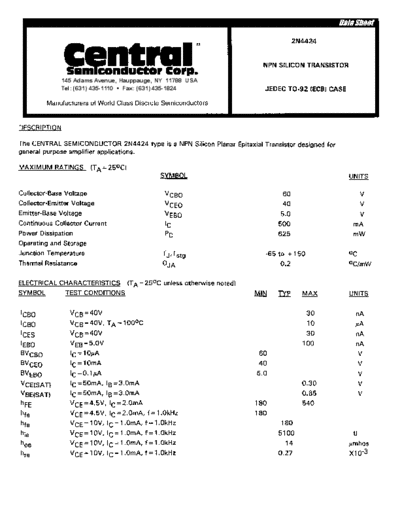 Central 2n4424  . Electronic Components Datasheets Active components Transistors Central 2n4424.pdf