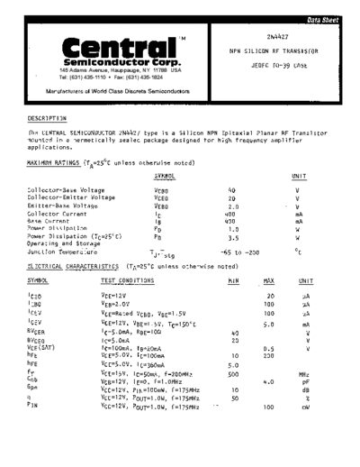 Central 2n4427  . Electronic Components Datasheets Active components Transistors Central 2n4427.pdf