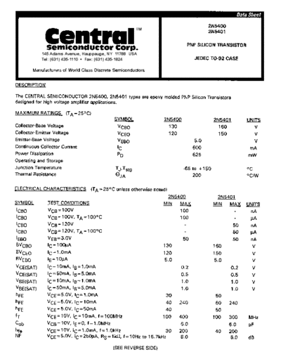 Central 2n5400 2n5401  . Electronic Components Datasheets Active components Transistors Central 2n5400_2n5401.pdf