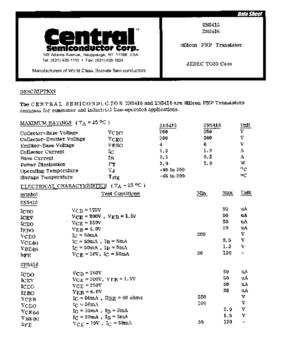 Central 2n5415 2n5416 2  . Electronic Components Datasheets Active components Transistors Central 2n5415_2n5416_2.pdf