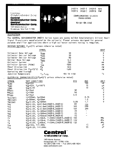 Central 2n5814 2n5815 2n5816 2n5817 2n5818 2n5819  . Electronic Components Datasheets Active components Transistors Central 2n5814_2n5815_2n5816_2n5817_2n5818_2n5819.pdf