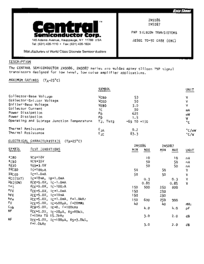 Central 2n5086 2n5087  . Electronic Components Datasheets Active components Transistors Central 2n5086_2n5087.pdf