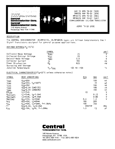 Central 2n5172 2n6076 mps5172 mps6076  . Electronic Components Datasheets Active components Transistors Central 2n5172_2n6076_mps5172_mps6076.pdf