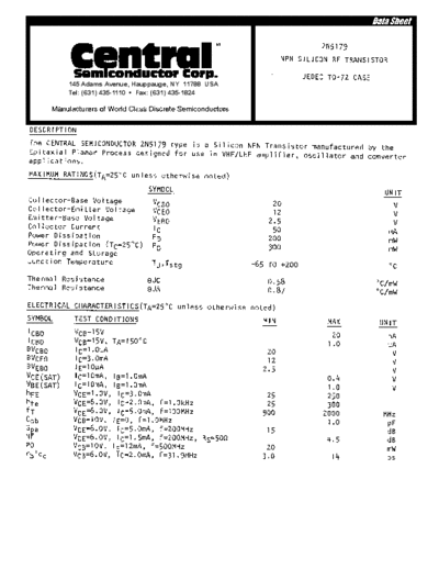 Central 2n5179  . Electronic Components Datasheets Active components Transistors Central 2n5179.pdf