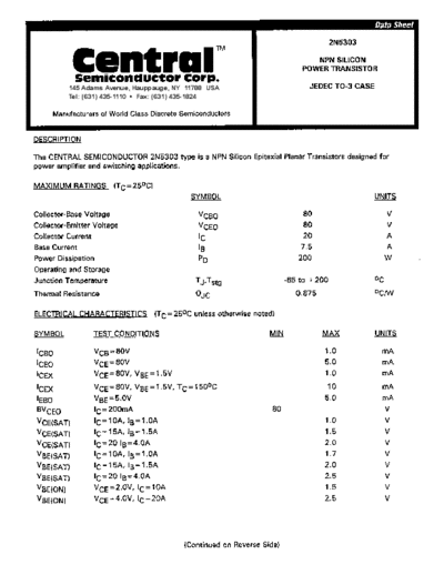 Central 2n5303  . Electronic Components Datasheets Active components Transistors Central 2n5303.pdf