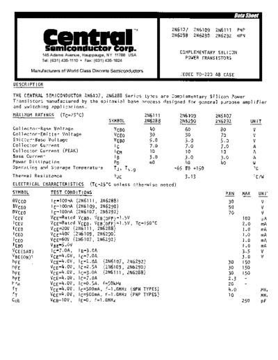 Central 2n6107 2n6109 2n6111 2n6288 2n6290 2n6292  . Electronic Components Datasheets Active components Transistors Central 2n6107_2n6109_2n6111_2n6288_2n6290_2n6292.pdf