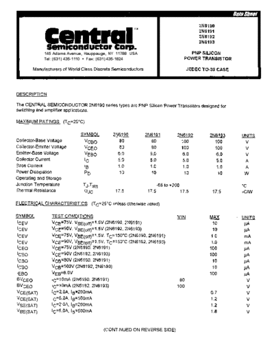 Central 2n6190 2n6191 2n6192 2n6193  . Electronic Components Datasheets Active components Transistors Central 2n6190_2n6191_2n6192_2n6193.pdf