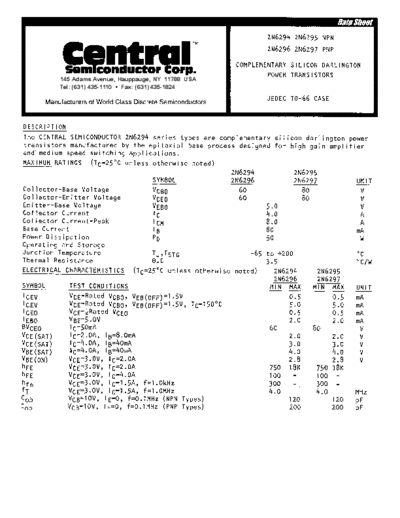 Central 2n6294 2n6295 2n6296 2n6297  . Electronic Components Datasheets Active components Transistors Central 2n6294_2n6295_2n6296_2n6297.pdf