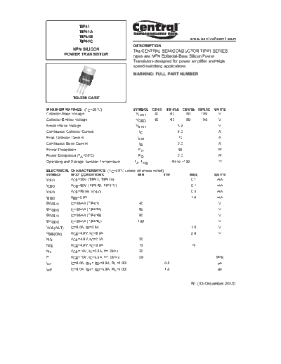 Central tip41-a-b-c  . Electronic Components Datasheets Active components Transistors Central tip41-a-b-c.pdf