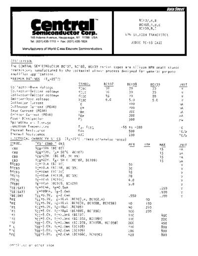 Central bc107 bc108 bc109  . Electronic Components Datasheets Active components Transistors Central bc107_bc108_bc109.pdf