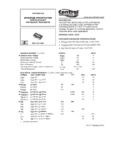 Central cmpt2907ae  . Electronic Components Datasheets Active components Transistors Central cmpt2907ae.pdf