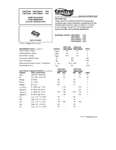 . Electronic Components Datasheets cmpt3904 cmpt3906  . Electronic Components Datasheets Active components Transistors Central cmpt3904_cmpt3906.pdf