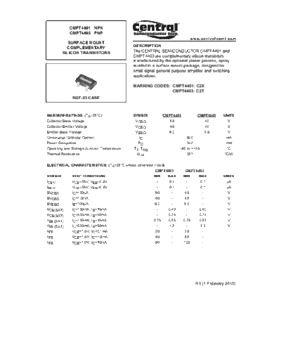 Central cmpt4401 cmpt4403  . Electronic Components Datasheets Active components Transistors Central cmpt4401_cmpt4403.pdf