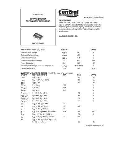 Central cmpt5401  . Electronic Components Datasheets Active components Transistors Central cmpt5401.pdf