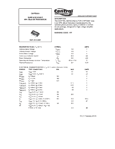 Central cmpt5551  . Electronic Components Datasheets Active components Transistors Central cmpt5551.pdf