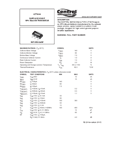Central czt3019  . Electronic Components Datasheets Active components Transistors Central czt3019.pdf