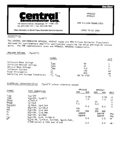 . Electronic Components Datasheets mps6520-mps6521  . Electronic Components Datasheets Active components Transistors Central mps6520-mps6521.pdf