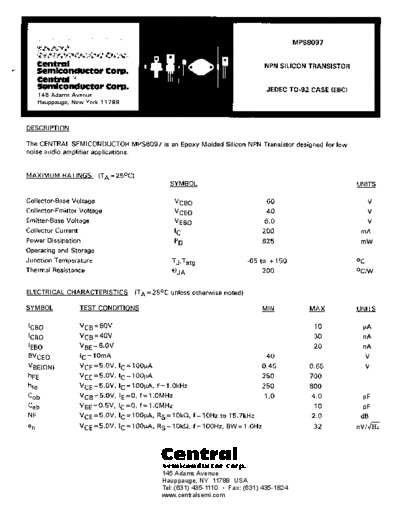 Central mps8097  . Electronic Components Datasheets Active components Transistors Central mps8097.pdf