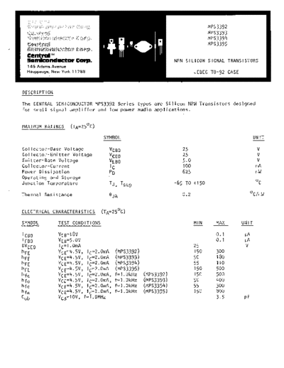 Central mps3392 mps3393 mps3394 mps3395  . Electronic Components Datasheets Active components Transistors Central mps3392_mps3393_mps3394_mps3395.pdf