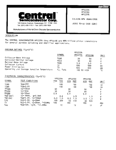 Central mps3704 mps3705 mps3706  . Electronic Components Datasheets Active components Transistors Central mps3704_mps3705_mps3706.pdf