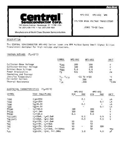 Central mpsa42 mpsa43npn  . Electronic Components Datasheets Active components Transistors Central mpsa42_mpsa43npn.pdf