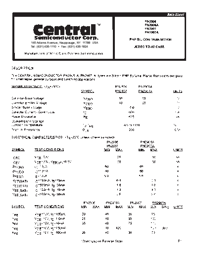 Central pn2906-a pm2907-a  . Electronic Components Datasheets Active components Transistors Central pn2906-a_pm2907-a.pdf