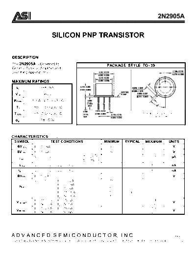 Advanced Semi 2n2905  . Electronic Components Datasheets Active components Transistors Advanced Semi 2n2905.pdf