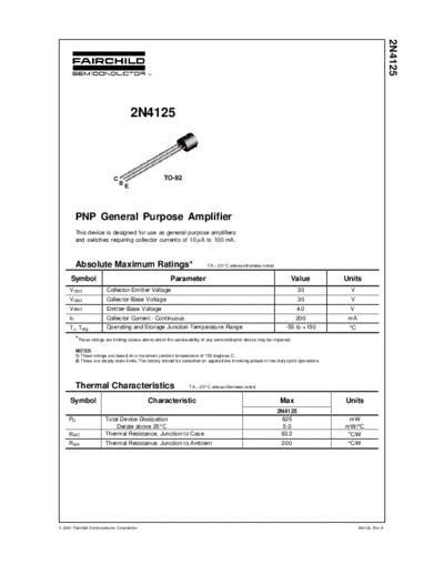 Fairchild Semiconductor 2n4125  . Electronic Components Datasheets Active components Transistors Fairchild Semiconductor 2n4125.pdf