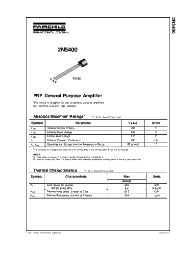 Fairchild Semiconductor 2n5400  . Electronic Components Datasheets Active components Transistors Fairchild Semiconductor 2n5400.pdf