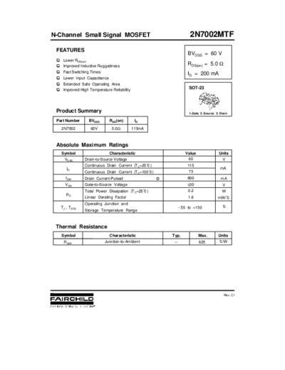 Fairchild Semiconductor 2n7002mtf  . Electronic Components Datasheets Active components Transistors Fairchild Semiconductor 2n7002mtf.pdf