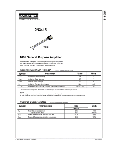 Fairchild Semiconductor 2n3415  . Electronic Components Datasheets Active components Transistors Fairchild Semiconductor 2n3415.pdf