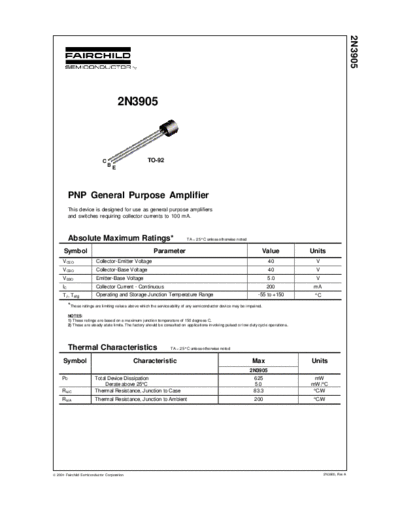 Fairchild Semiconductor 2n3905  . Electronic Components Datasheets Active components Transistors Fairchild Semiconductor 2n3905.pdf