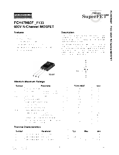 Fairchild Semiconductor fch47n60f  . Electronic Components Datasheets Active components Transistors Fairchild Semiconductor fch47n60f.pdf