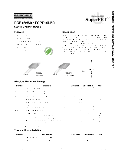 Fairchild Semiconductor fcp16n60 fcpf16n60  . Electronic Components Datasheets Active components Transistors Fairchild Semiconductor fcp16n60_fcpf16n60.pdf