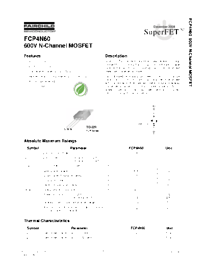Fairchild Semiconductor fcp4n60  . Electronic Components Datasheets Active components Transistors Fairchild Semiconductor fcp4n60.pdf