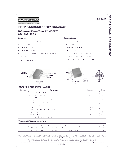 Fairchild Semiconductor fdb10an06a0 fdp10an06a0  . Electronic Components Datasheets Active components Transistors Fairchild Semiconductor fdb10an06a0_fdp10an06a0.pdf