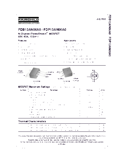 Fairchild Semiconductor fdb13an06a0 fdp13an06a0  . Electronic Components Datasheets Active components Transistors Fairchild Semiconductor fdb13an06a0_fdp13an06a0.pdf