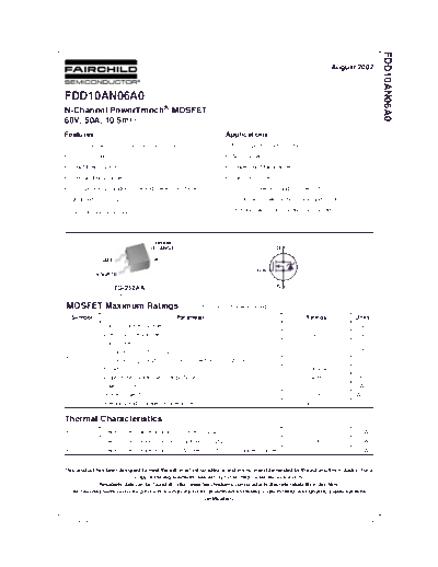 Fairchild Semiconductor fdd10an06a0  . Electronic Components Datasheets Active components Transistors Fairchild Semiconductor fdd10an06a0.pdf