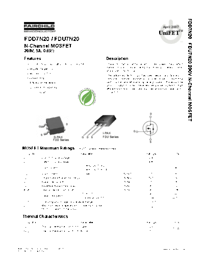 Fairchild Semiconductor fdd7n20 fdu7n20  . Electronic Components Datasheets Active components Transistors Fairchild Semiconductor fdd7n20_fdu7n20.pdf