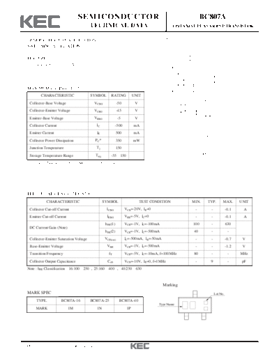 KEC bc807a  . Electronic Components Datasheets Active components Transistors KEC bc807a.pdf