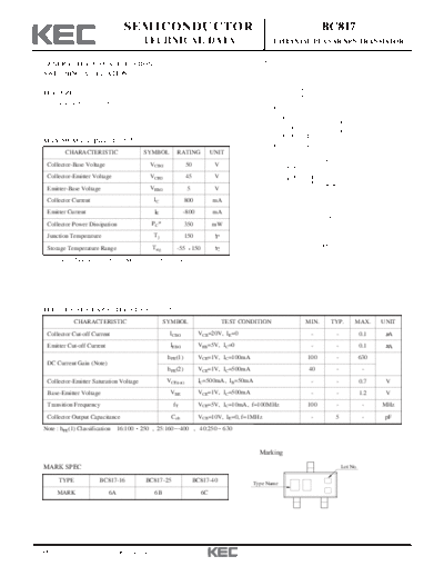 KEC bc817  . Electronic Components Datasheets Active components Transistors KEC bc817.pdf