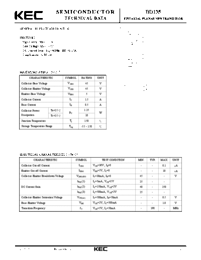 KEC bd135  . Electronic Components Datasheets Active components Transistors KEC bd135.pdf