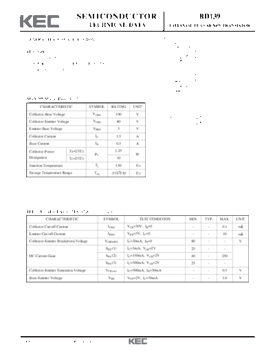 . Electronic Components Datasheets bd139  . Electronic Components Datasheets Active components Transistors KEC bd139.pdf