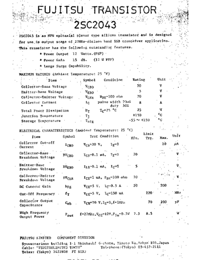 Fuji 2sc2043  . Electronic Components Datasheets Active components Transistors Fuji 2sc2043.pdf