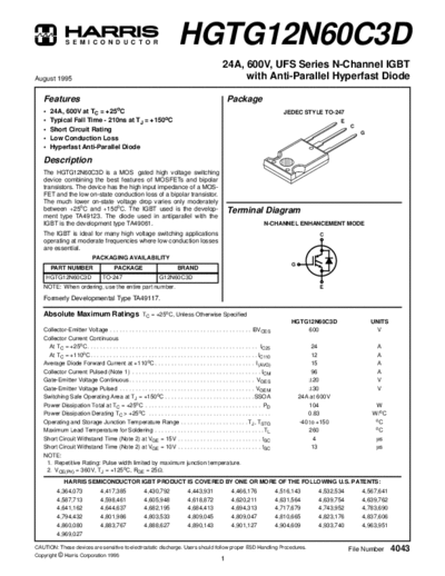 Harris hgtg12n60c3d  . Electronic Components Datasheets Active components Transistors Harris hgtg12n60c3d.pdf